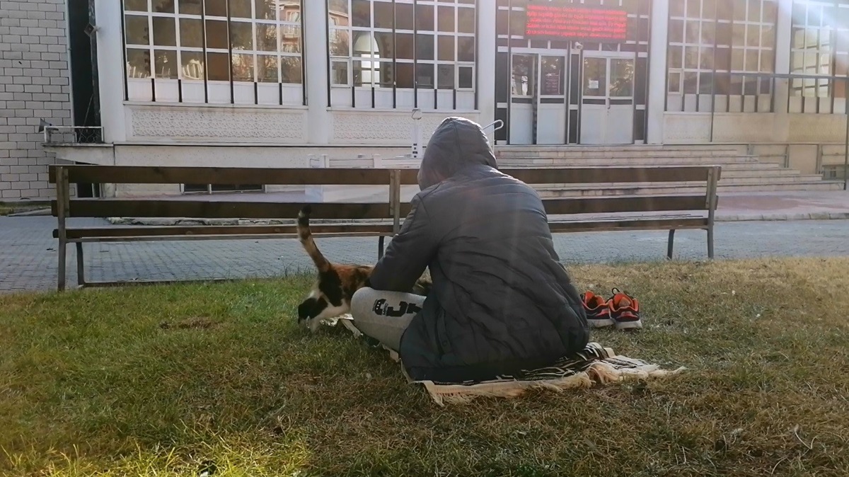 Üşüyen Kediyi Kucağına Alarak Isıttı